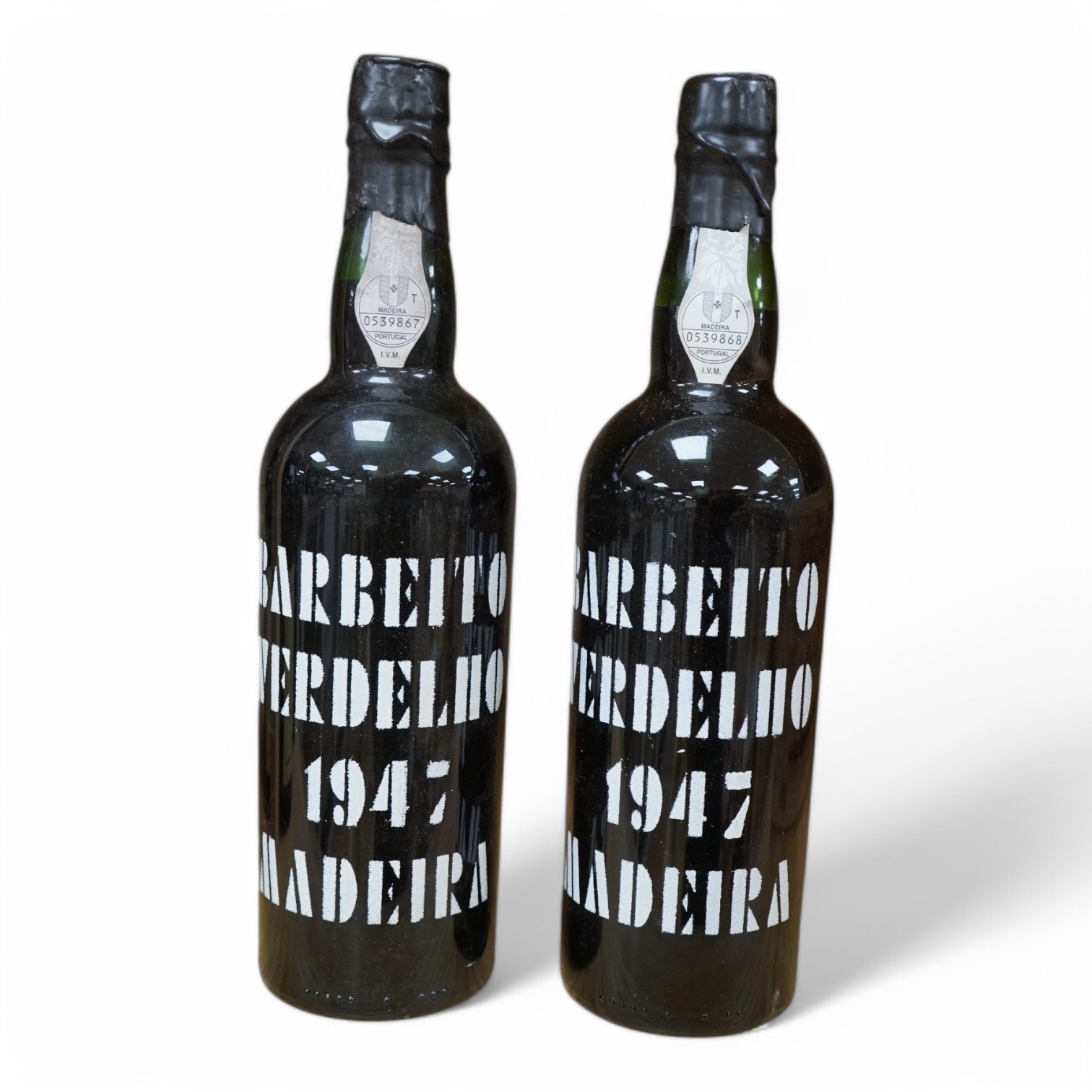 Two bottles of Barbeito Verdelio Madeira 1947. Condition - good, from a local private cellar